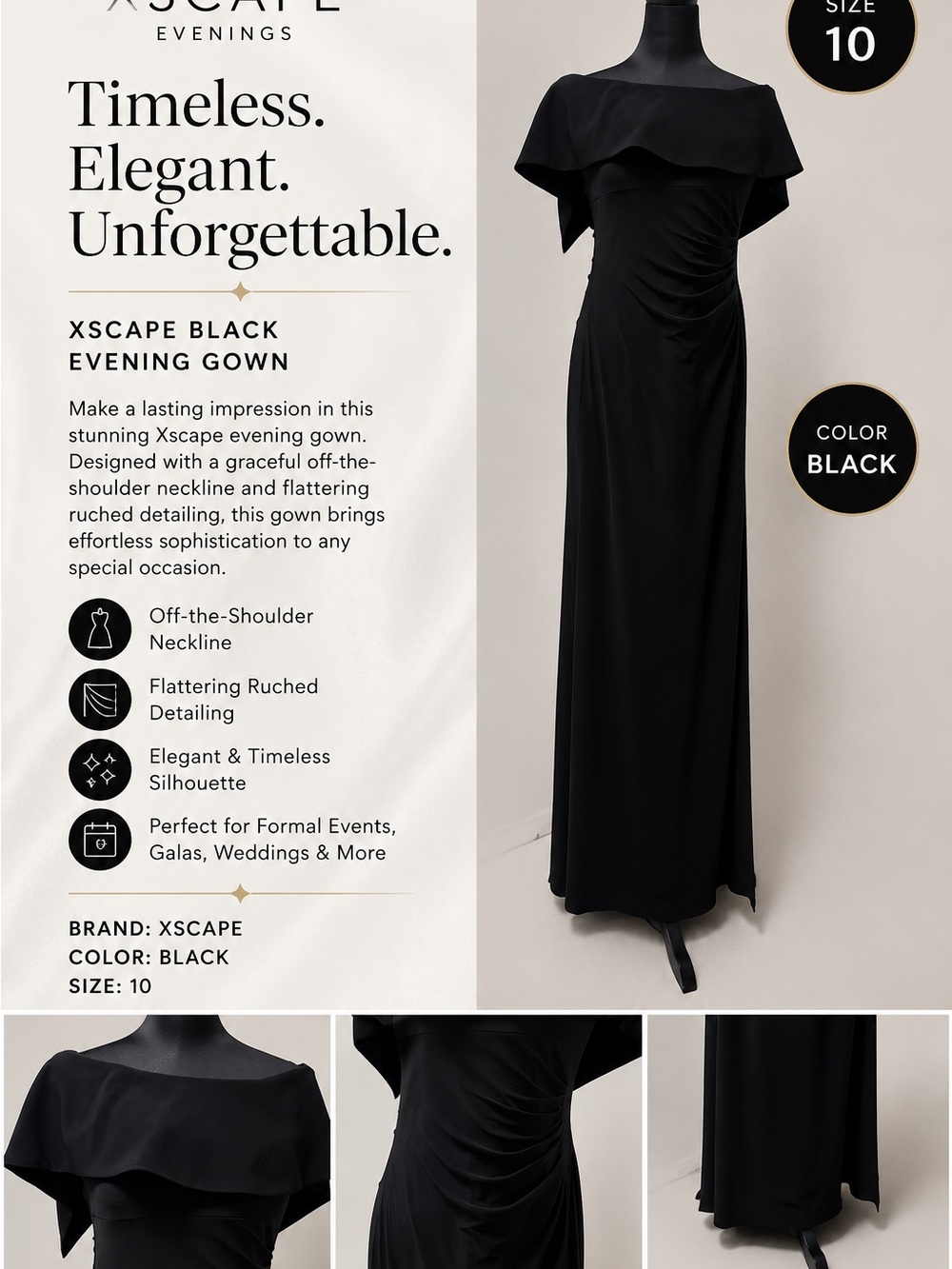 Xscape Black One-Shoulder Evening Gown with Draped Overlay